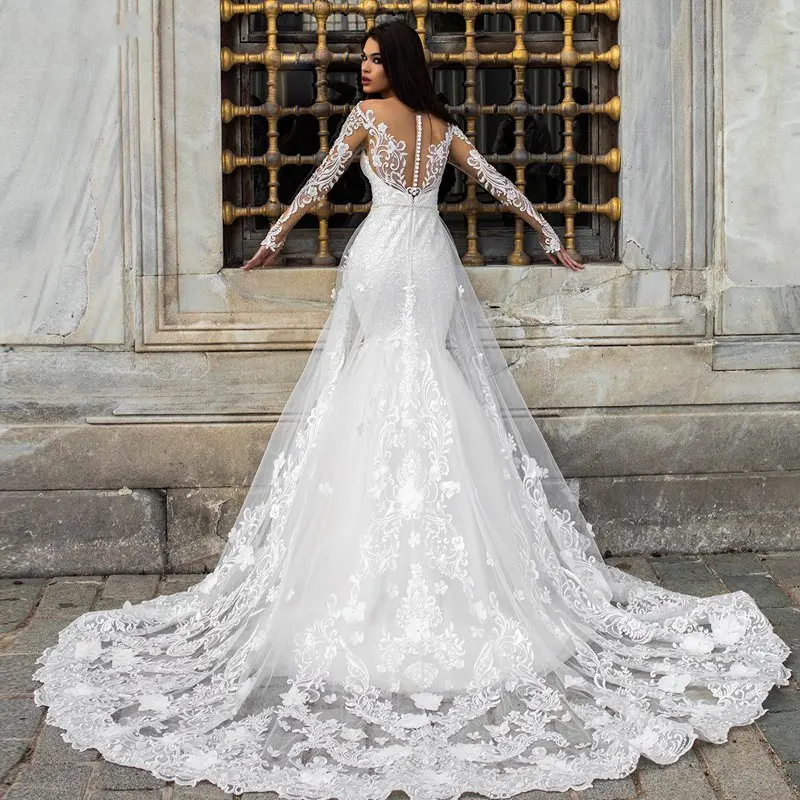 Appliques Vestido de Noiva Long Sleeve Mermaid Wedding Dresses with Lace Appliqued Illusion Button Back Custom Ma