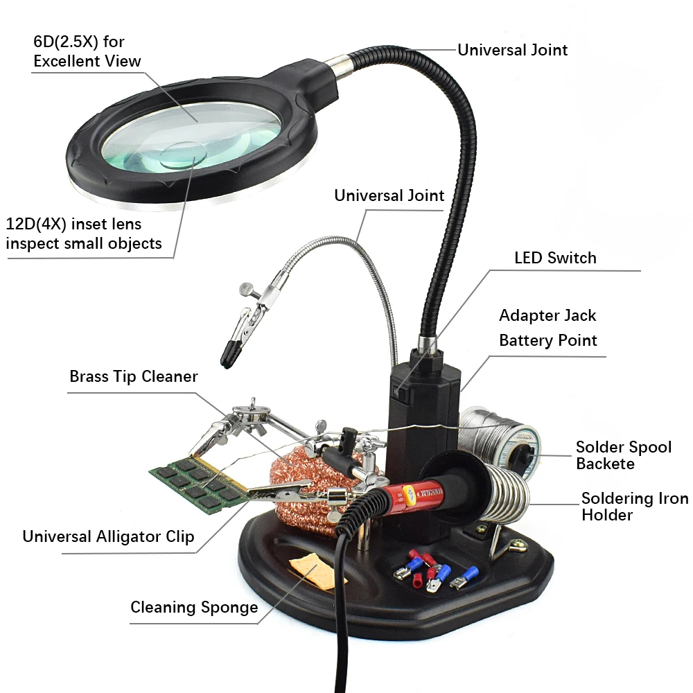 NEWACALOX 2.5X(6D)/4X(12D) светодиодный лупа для пайки Ручной работы рабочего стола увеличительное стекло с подсветкой чтение сварочный инструмент для ремонта