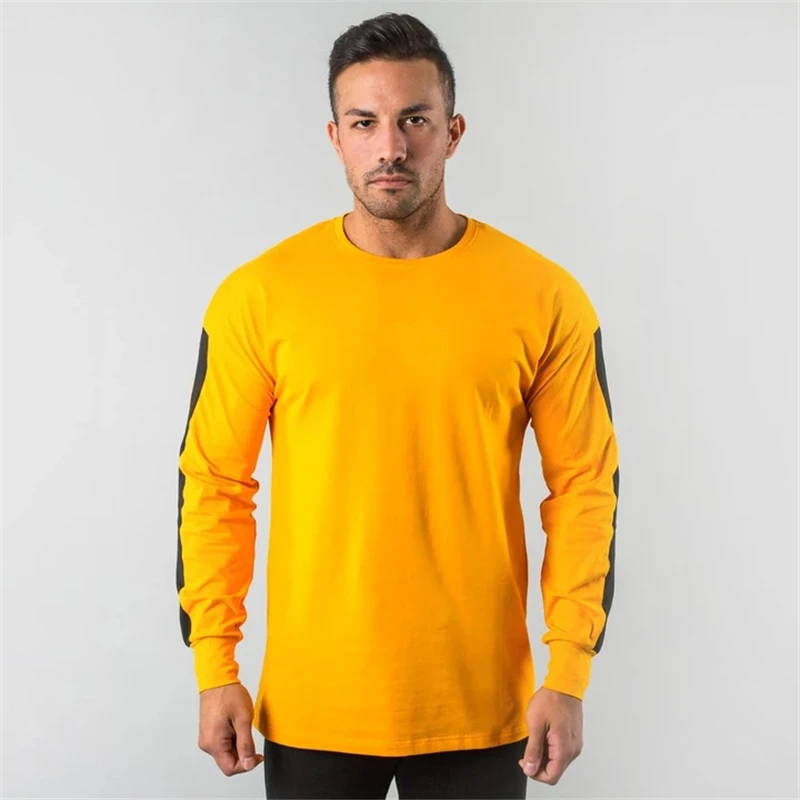 yellow YEMEKE модная мужская футболка весна осень тонкий длинный рукав облегающие футболки мужские топы для отдыха Бодибилдинг длинный рукав тройники - Цвет: yellow