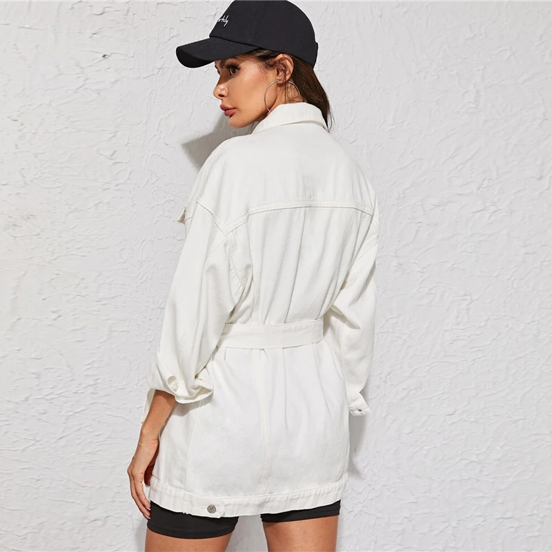 ROMWE White Wash Belted Longline Jean Jacket Coat Women Autumn Spring Solid Boylish Streetwear Long Sleeve Denim Long Jacket Top