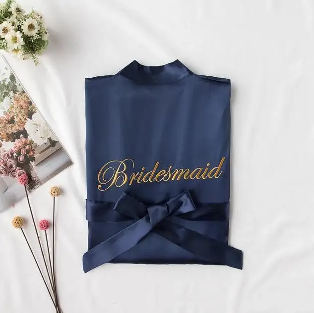 Blue Bridesmaid Банный халат ночная рубашка атласное кимоно для невесты халат платье для женщин сексуальная ночная рубашка с вышивкой ночное белье - Цвет: Blue Bridesmaid
