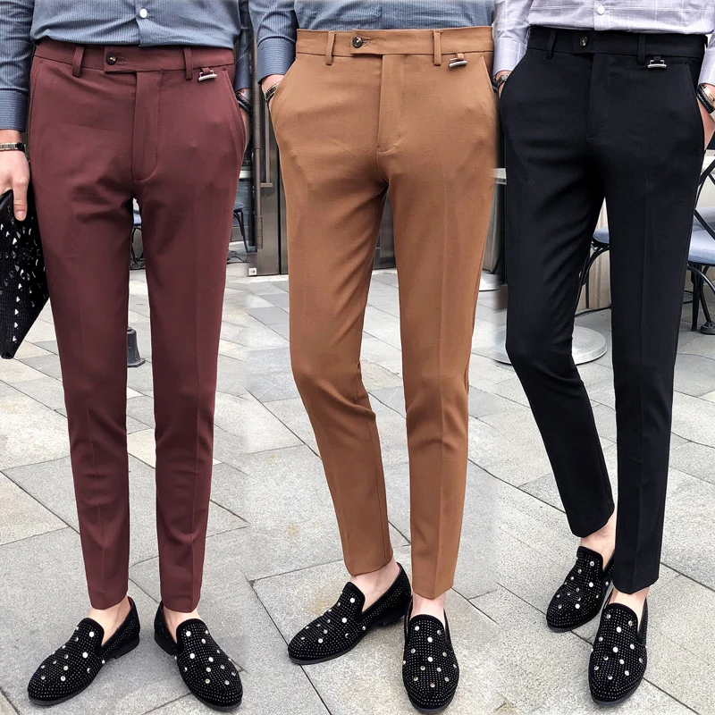 Эластичные Calcas Social Masculina облегающие брюки цвета хаки бордовые мужские деловые