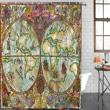 

Polyester Curtain World Map Island Retro Bathroom Shower Curtains Bathroom Item Waterproof Shower Curtain &12 Hook