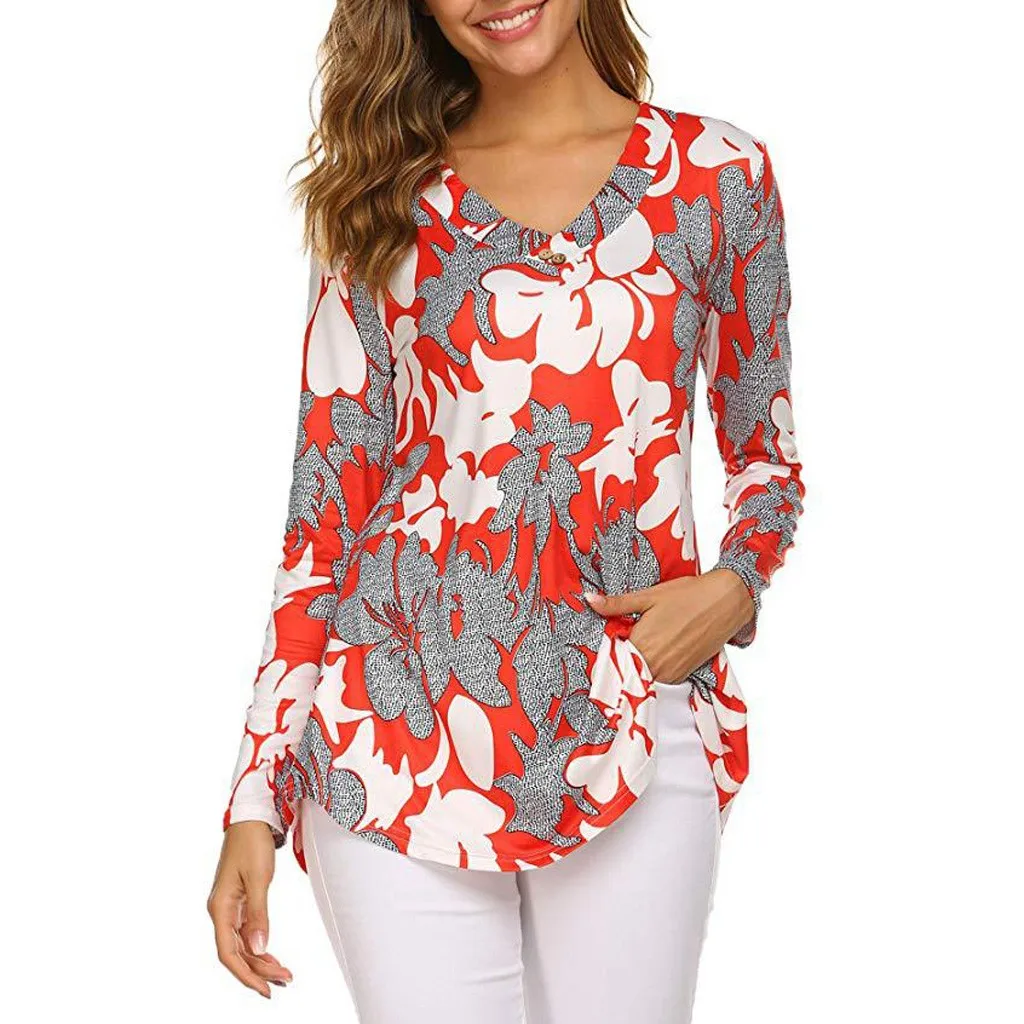 

Blouse Women Fashion V-neck Print Button Boho Clothing Plus Size Long Sleeve Shirt Women Tops And Blouses Chemisier Femme Tunika