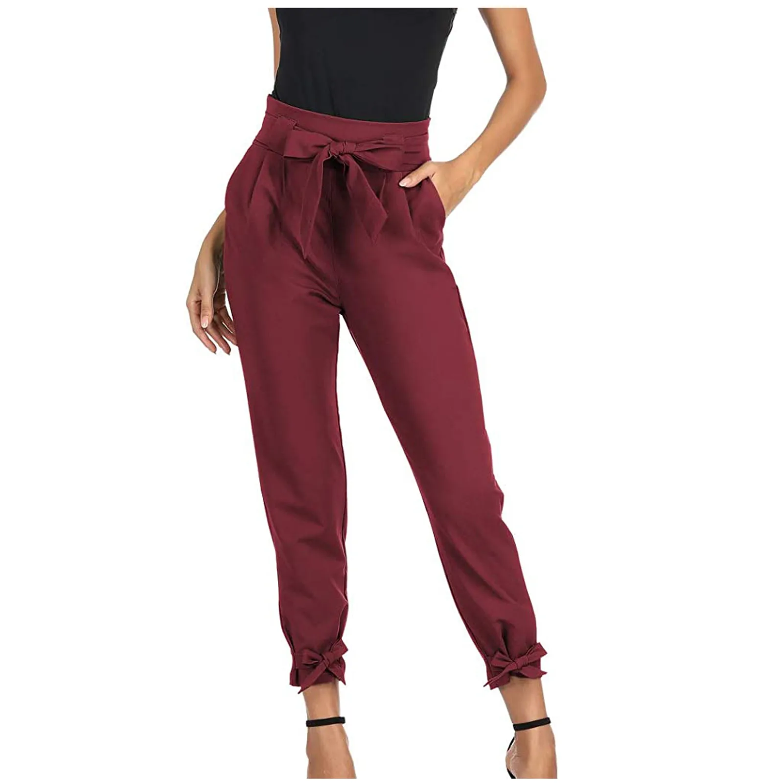 Pants Women's Solid Color Bow Pocket Leisure Time Elastic Waist Trouser Casual Streetwear Loose Sports Breathable Leggings Mujer 2