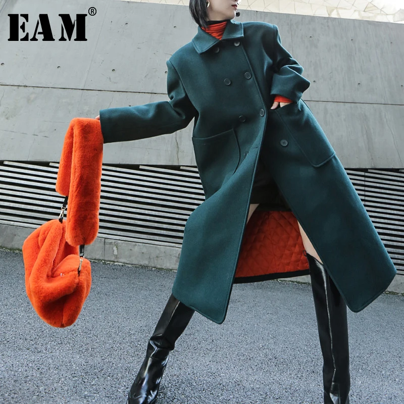 [EAM] свободное зеленое теплое длинное шерстяное пальто большого размера, парка, новинка, длинный рукав, женская мода, Осень-зима 19A-a317-06