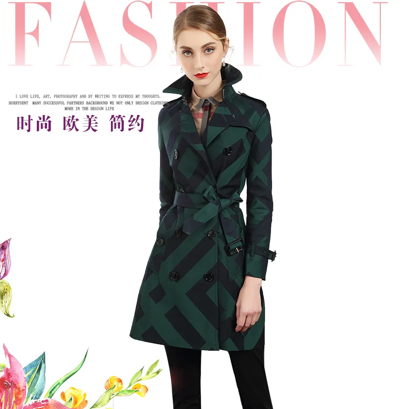 

Ozhouzhan Europe And America Long Pure Cotton Waterproof Double Breasted Trench Coat Slim Fit Pattern WOMEN'S Coat