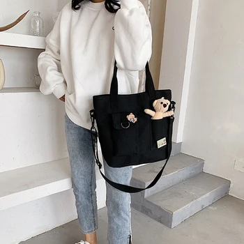 

New Canvas Women Bags for Women 2020 Fashion Large Capacity Handbags Bear Brooch Portable Totes Ladies Shoppering Shoulder Bags