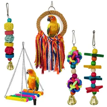 

5 Pcs Bird Cage Wood Block Swing String Stand Hanging Chewing Hollow Foraging