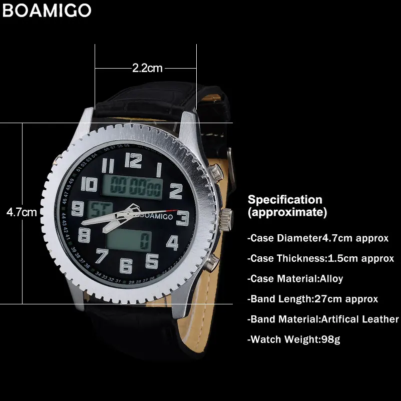 BOAMIGO2020 New Men Watch Dual Time Zone Military Digital Analog Quartz Chronograph Sports Watch Waterproof Leather LED Watch