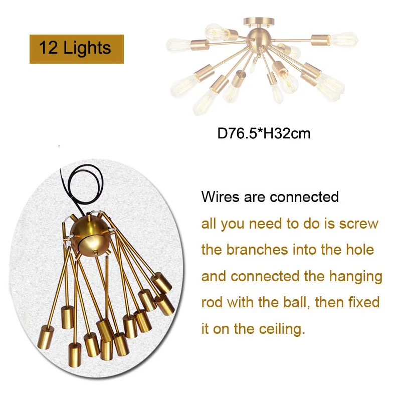 Gold 12 lights Винтажный декоративный Sputnik черный металлический потолочный светильник 8 и 12 огней полузаподлицо осветительное приспособление для украшения спальни фойе - Цвет корпуса: Gold 12 lights