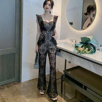

2020 Spring Summer Office Ladies Black Sexy Temperament Jumpsuit High-quality Lace Cutout Tube Top Back Zip Jumpsuit