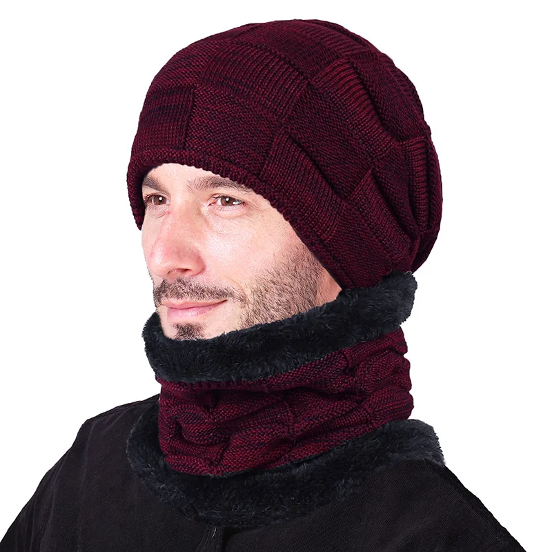 Skullies Beanies осенние и зимние безупречные шерстяные шапки для мужчин и женщин цветные квадратные решетки плюс бархатная вязаная шапка плиссированные шапки толстые - Цвет: Бургундия