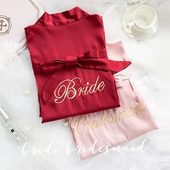 

Autumn Faux Silk Bridesmaid Robes Lace-up Sleepwear Women Bride Bathrobe Fashion Bride Bridesmaid Letter Print peignoir femme