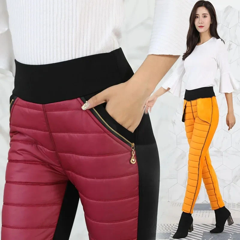 work trousers Winter Thick High Waist Embroidery Trousers Women Fashion Down Warm Cotton Velvet Pants Mom Snow Straight Large Size Sweatpants wide leg trousers