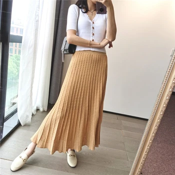

Runway Hollow out Knitted Long skirt women Elastic high waist female A-Line skirts Spring summer ladies Gold skirts bottom Shiny