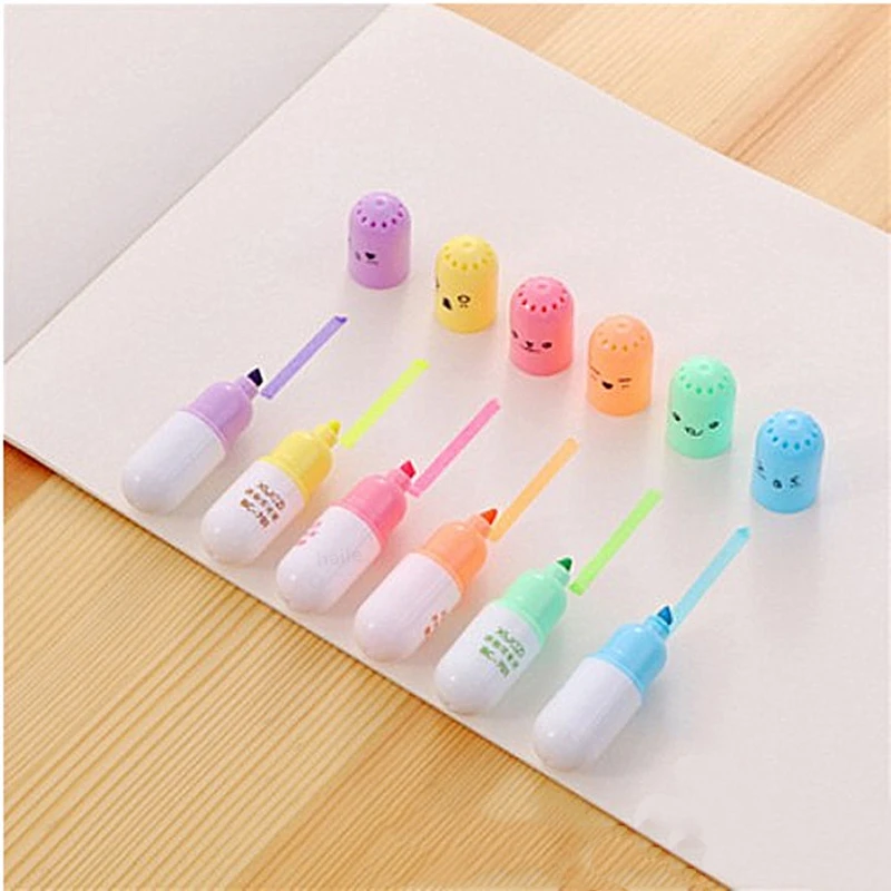 Zonon 12 Pieces Mini Pill Shaped Highlighter Pens Cute Face Graffiti Marker  Pens Girls Stationery Kawaii Pens for Students Office School Home