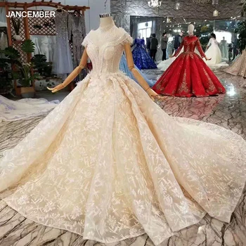 شراءLSS415 ضوء الشمبانيا ثوب زفاف عالية الرقبة قبعة الأكمام كرة مطرزة فساتين الزفاف ثوب مع قطار 2020 تصميم جديد للأزياء