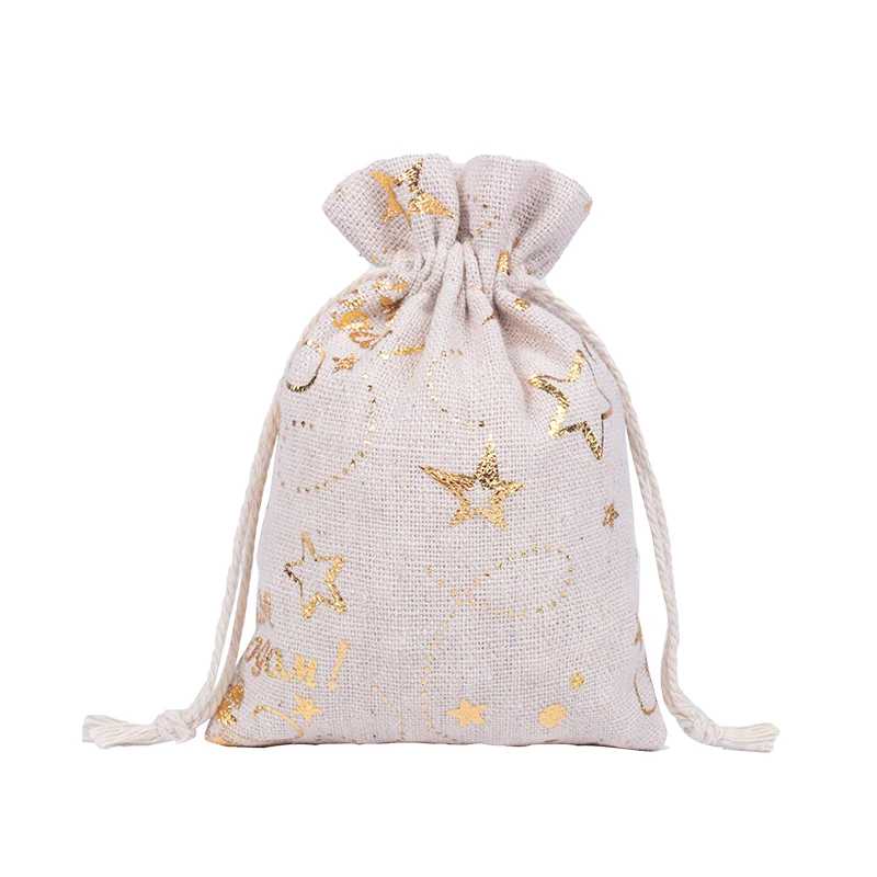 5Pcs New Design Gold Printing Cotton Burlap Pouch For Christmas Festival Drawstring Bag Party Decoration Sachet Can Print Logo small gift antique car ornaments flower pattern retro chinese style sachet embroidery bag jewelry bag bedroom decoration