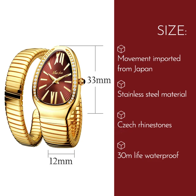 MISSFOX Women s Watches Snake Shape Luxury Wrist Watch For Women Steel Unique Gold Quartz Ladies