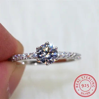 

Cute Female Solitaire Round 5A Zircon Stone Ring 925 Sterling Silver Wedding Band Ring Promise Love Engagement Rings For Women