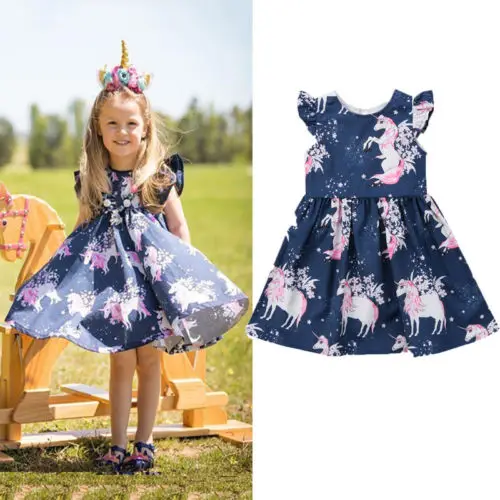 Toddler Children Little Girls Dresses Kids Baby Girl Floral Unicorn Printed Casual A-line Christmas Princess Dress Clothes