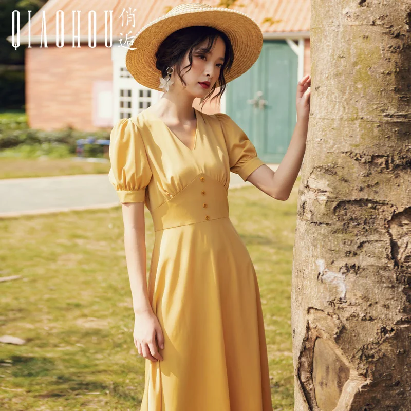 Весеннее летнее платье жёлтое Платье женское с коротким рукавом Ретро длинное