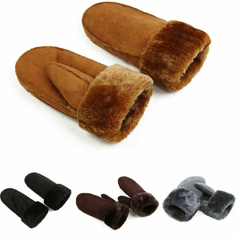 Зимние уличные толстые теплые перчатки из кашемира мужские женские кожаные перчатки из искусственной овчины меховые варежки замшевые кожаные перчатки