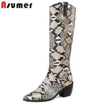 

ASUMER 2020 big size 46 knee high boots women snake pointed toe slip on Western boots square heels autumn winter shoes woman