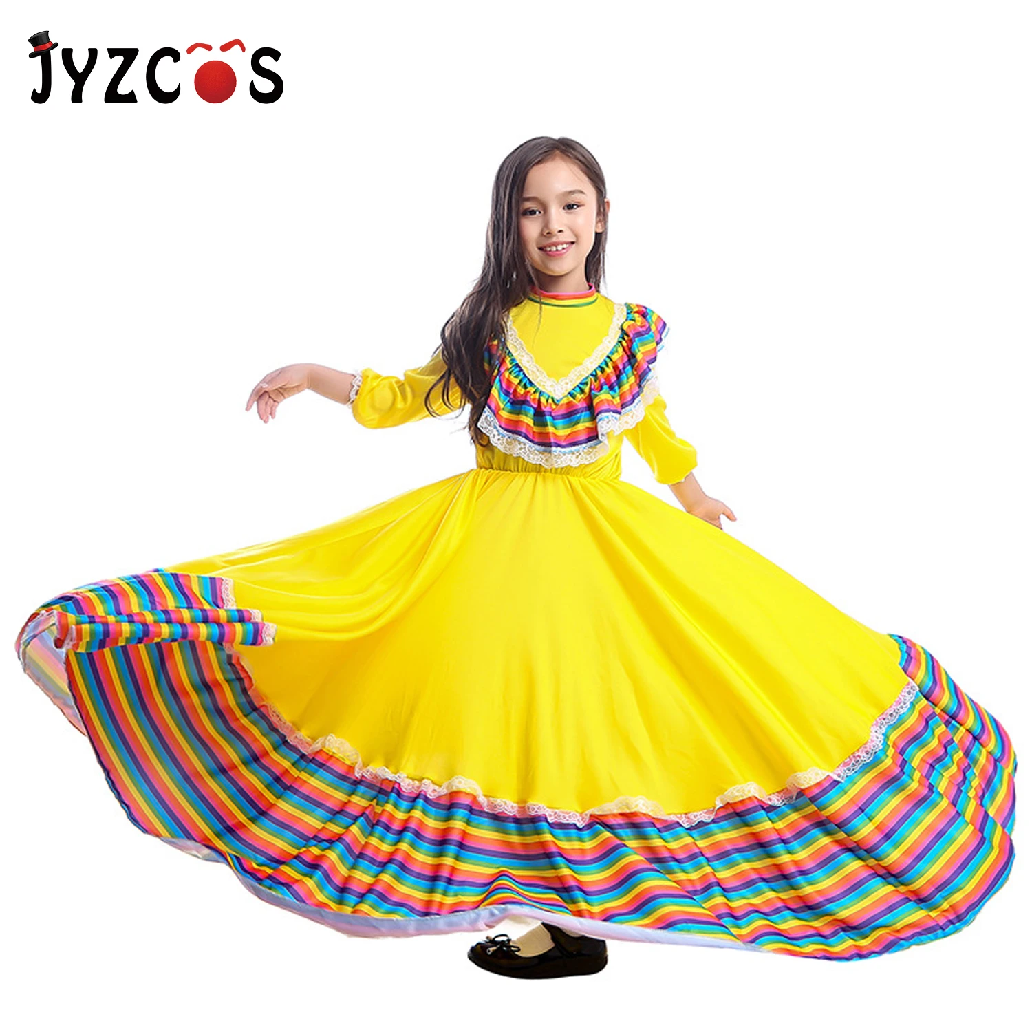 JYZCOS/мексиканское платье для маленьких девочек; костюм для дня рождения, вечеринки, Хеллоуина; детская длинная юбка для танцев в мексиканском стиле с большим кругом; юбка для фламенко