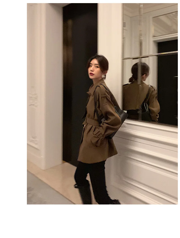 New Elegant Fashion Coat Women Short Blends Coat Jacket Female Korean Version Casual Short Loose Belt Coat Femme