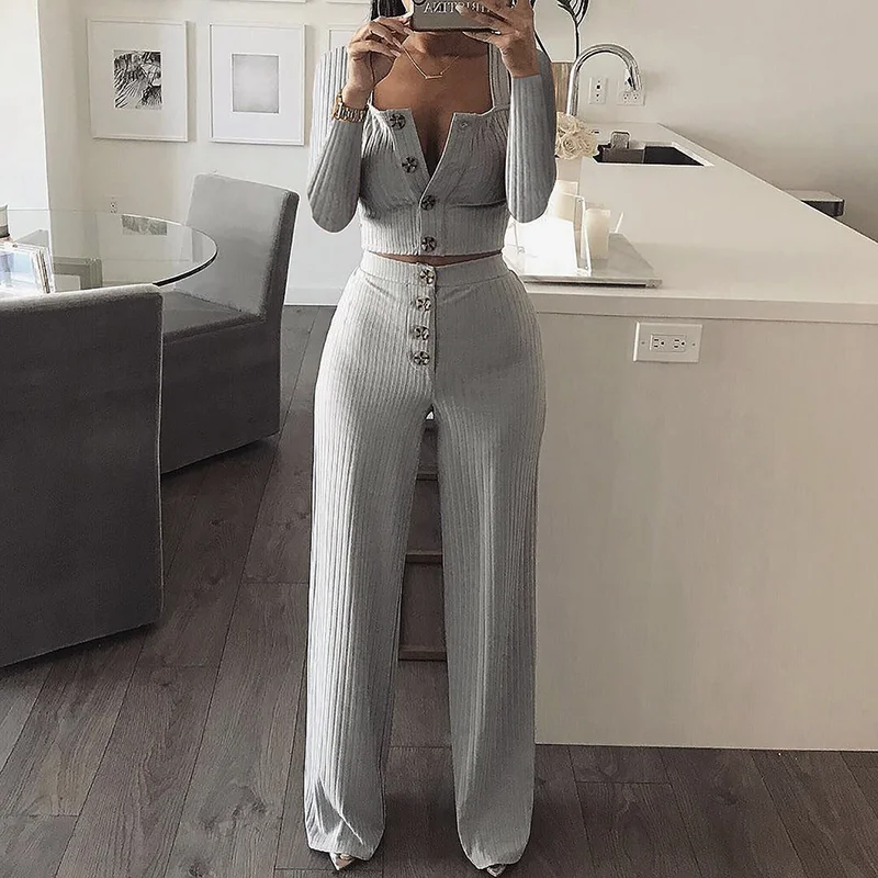 Prix Automne femmes tricoté côtes Sexy 2 pièces ensemble femmes 2019 hiver décontracté gris correspondant ensembles tenue 2 pièces ensemble élégant pantalon droit