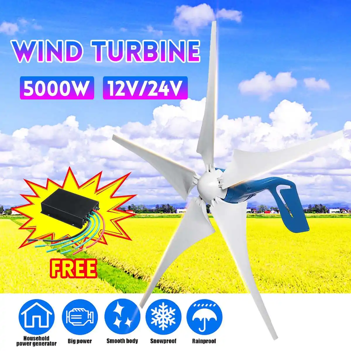 Details about  / 3800//4500W MaxPower 5 Blades Wind Turbines Generator 12//24//48V+Charge Controller