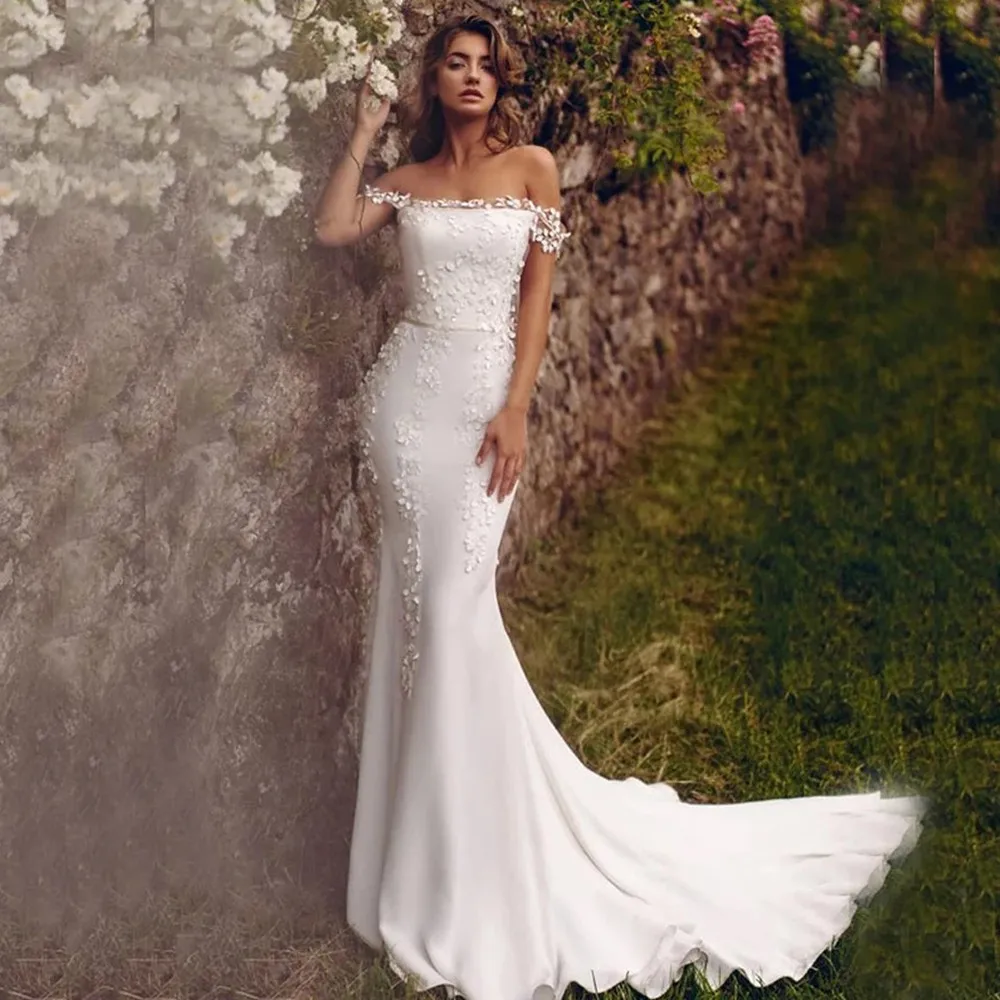 

Simple Satin Mermaid Wedding Dress For Women Elegant Boat Neck Off The Shoulder Lace Appliques With Belt Bridal Gown Custom Made