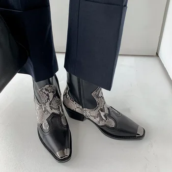 

Metal Square Head Western Denim Leather Boots British Style Handsome Thick Heel Genuine Short Boots Snake Pattern Boots