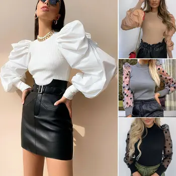 

Women Sheer Tee Puff Sleeve Polka Dot Blouse Club Casual T-shirts Ladies Mesh Tops Holiday Blouse Autumn Clothes 2020 New