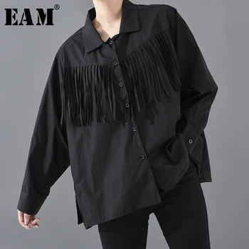 

[EAM] Women Black Tassels Split Big Size Blouse New Lapel Long Sleeve Loose Fit Shirt Fashion Tide Spring Autumn 2020 1S12401