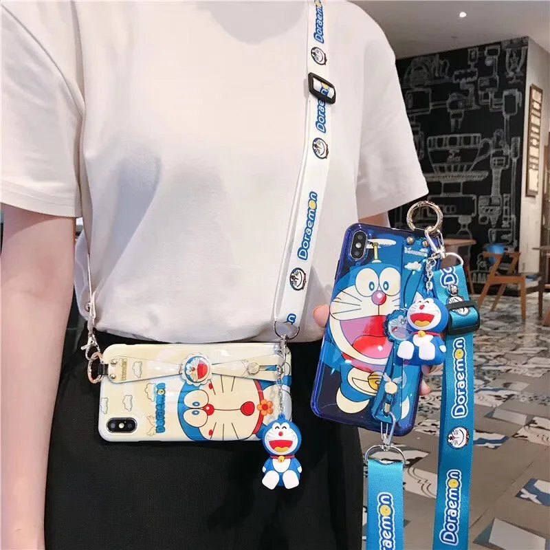New Blue light Doraemon Wrist stand lanyard soft silicon cover case for iphone 6 plus 7 8 8plus X XR XS MAX Glossy phone coque