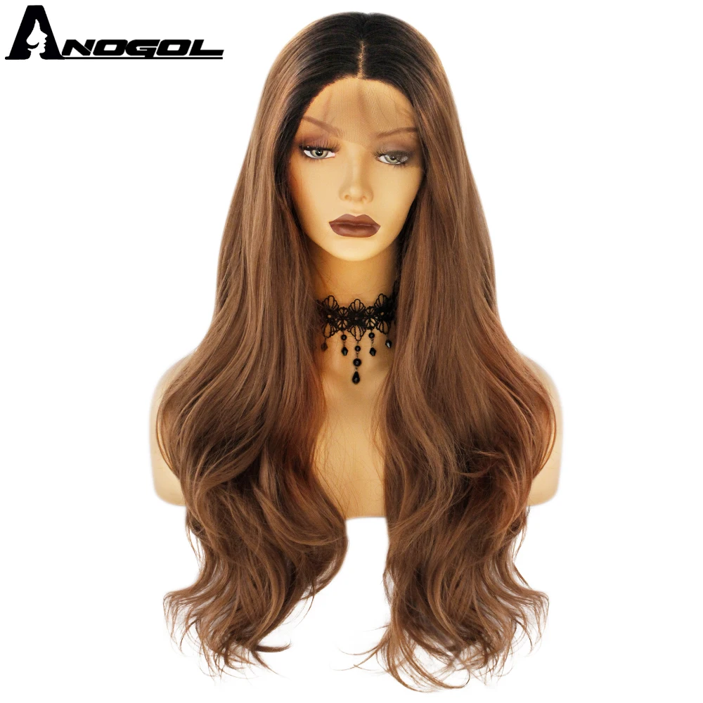 Anogol Brand Dark Roots Ombre Brown Synthetic Lace Front Wigs Long Straight Heat Resistant Fiber Wigs for Women Daily Use