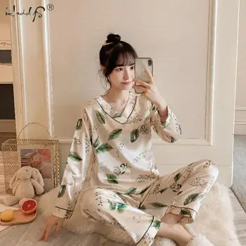 

Women Pajama Long Sleeves Pyjamas Satin Set Summer Pijamas Women Satin Set Print Pajamas Homewear Pajama set