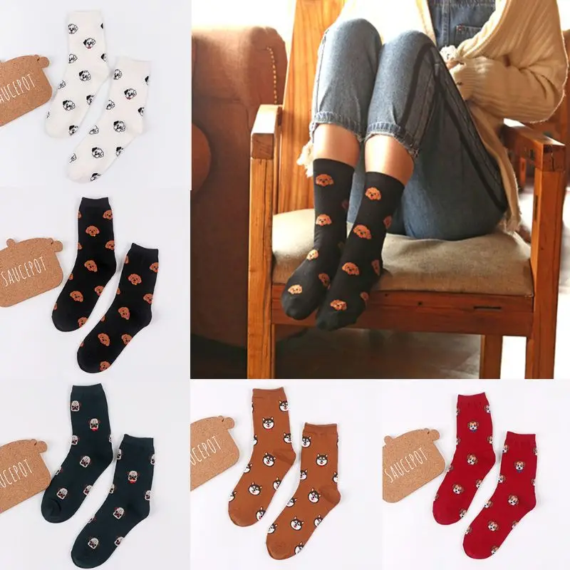 5 пар, женские носки Kawaii с изображением животных, милые носки в горошек с изображением щенка, чулочно-носочные изделия, подарки