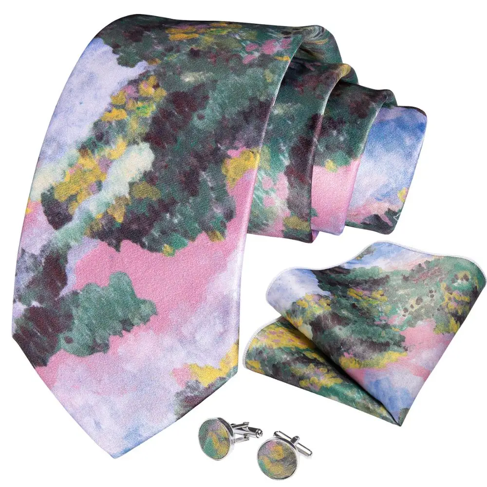 Quality Men Tie Pink Green Print Floral Silk Wedding Tie For Men Hanky