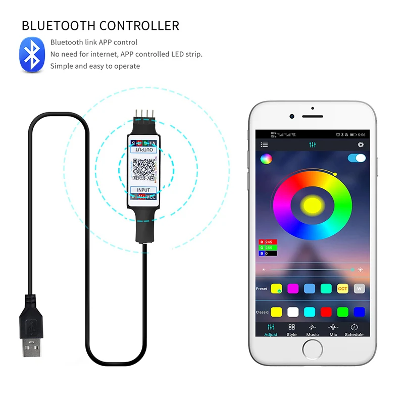 1M 5V USB Bluetooth Controller 4pin 5050 2835 RGB LED Strip Light 4 Pin Connector Phone APP Contrl Tape TV Backlight Decor