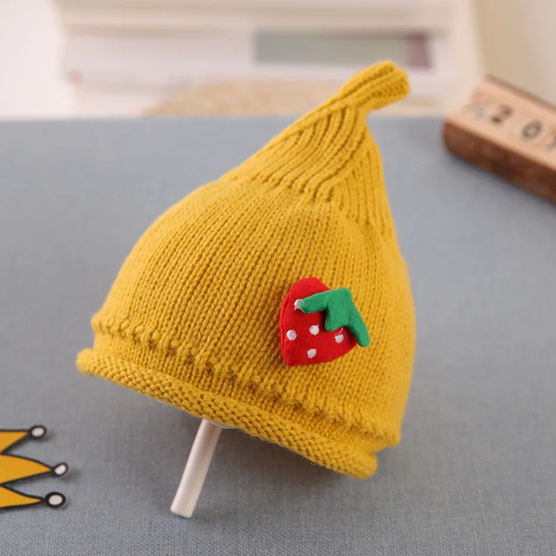 Милый, с большими глазами, фруктовые зимние шапки для детей, теплые вязаные хлопковые шапки для девочек и мальчиков, реквизит для фотографии, шапочки-бини для малышей, детские шапки - Цвет: Yellow-strawberry