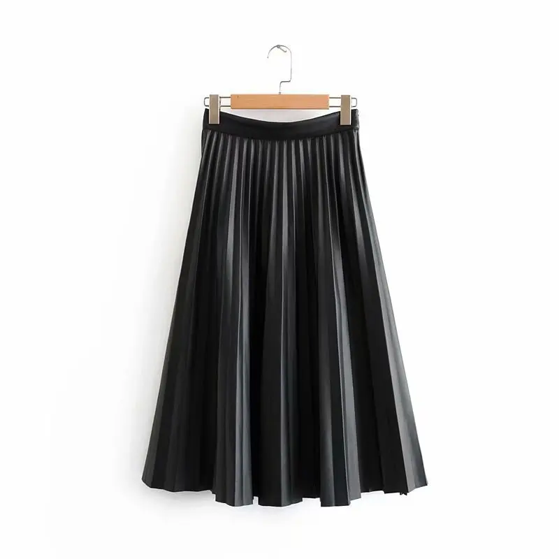 Женские повседневные Модные гофрированные расширяющиеся книзу Юбки миди из искусственной кожи с высокой талией