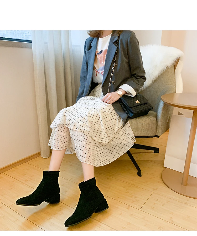 Bootee/ г. Брендовая женская обувь ботинки до середины икры женские ботинки с круглым носком на низком каблуке модные короткие черные ботинки на шнуровке