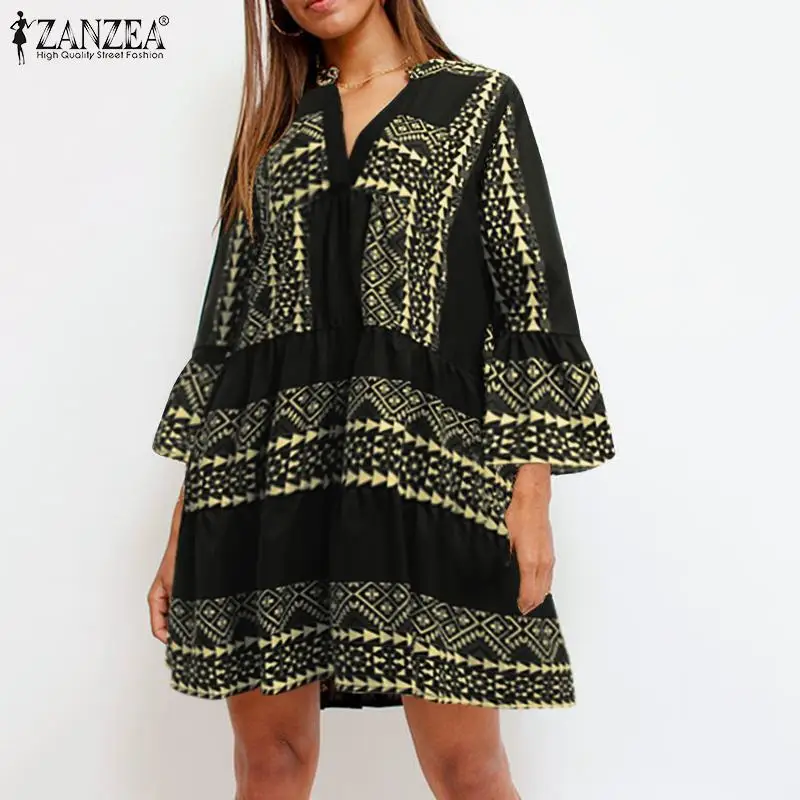ZANZEA женское богемное мини-платье модное короткое платье с принтом Vestidos Дамский летний сарафан лоскутное одеяло Femme плюс размер 5XL
