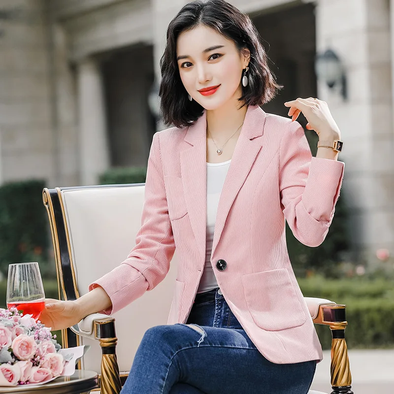 

2019 Autumn Clothing New Style Literature And Art Retro Loose Casual Solid Color Corduroy Small Suit Long-sleeved Coat Women's