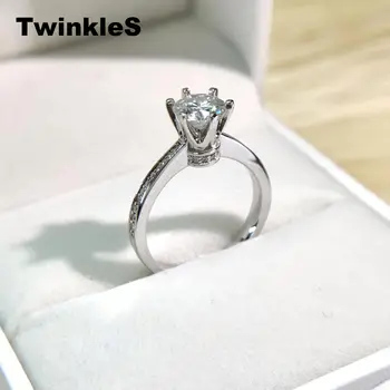 

TwinkleS 925 Sterling Silver 1.0Ct 6.5mm EF Color Halo Moissanite Rings with Side Stones For Women Engagement Fine Jewelry