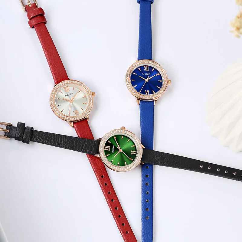 MEGIR женские часы Reloj Mujer Green Face кожаный ремень роскошь женские часы с бриллиантамы женские Relogio Feminino женские часы